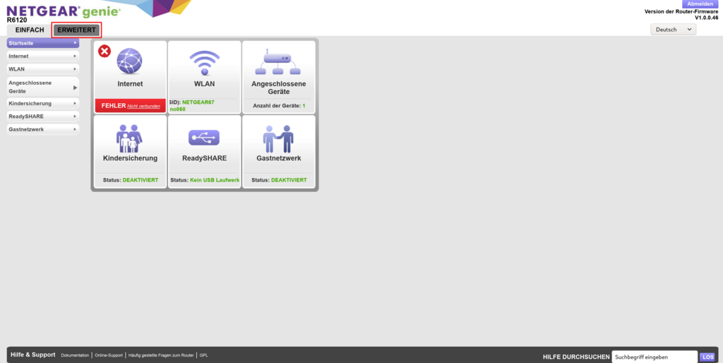 Bild: Screenshoot der WEB-UI der Routerkonfiguration Netgear 6120 