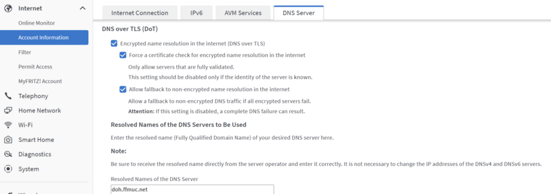 DoT-Settings in FritzBox DoT-Settings in FritzBox